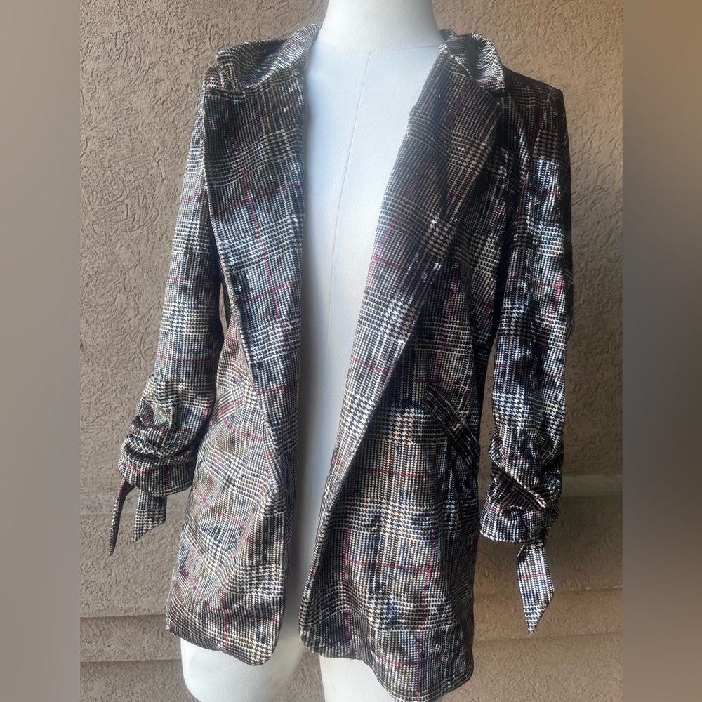 River Island Metallic Plaid Blazer in Silver and Brown - Picture 2 of 5